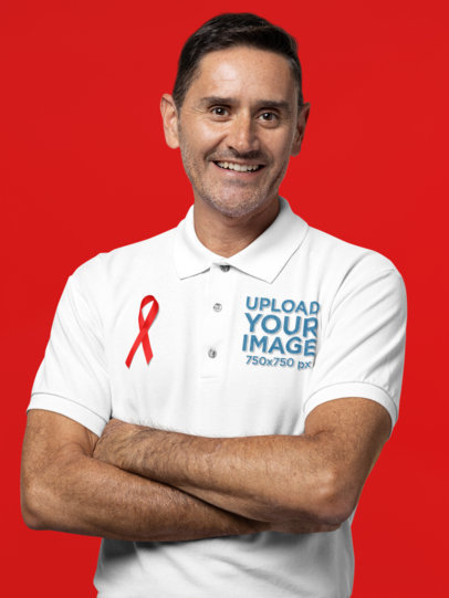 World AIDS Day-Themed Mockup of a Middle Aged Man Wearing a Polo Shirt