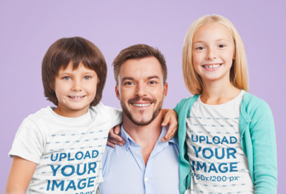T-Shirt Mockup Featuring Two Kids Taking a Family Portrait with Their Dad m11340-r-el2