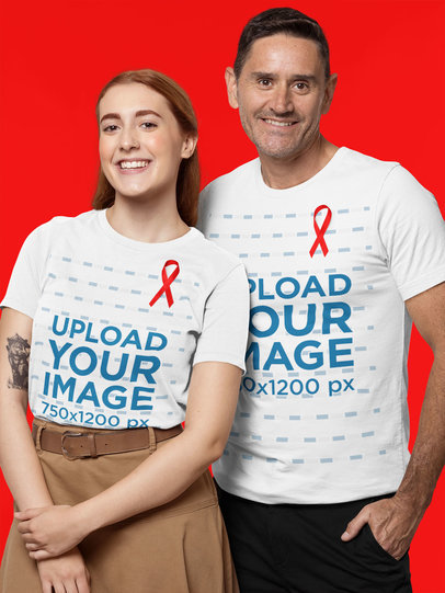 Studio Mockup of a Man and a Woman Wearing T-Shirts and Awareness Ribbons