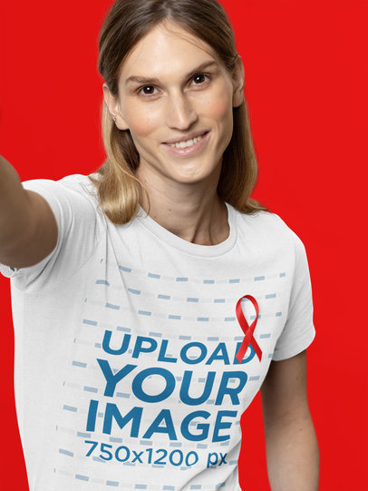 T-Shirt Mockup of a Woman Taking a Selfie with a Ribbon for Cancer Awareness Month