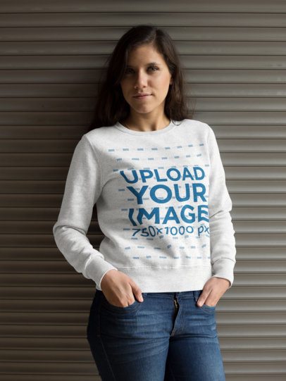 Pretty White Woman Wearing a Heather Crewneck Sweatshirt Template