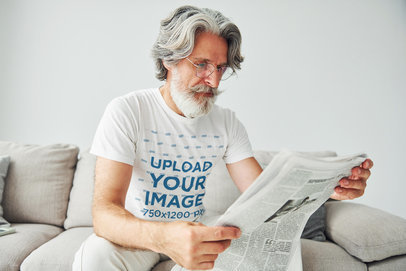 Round-Neck T-Shirt Featuring a Man Reading a Newspaper