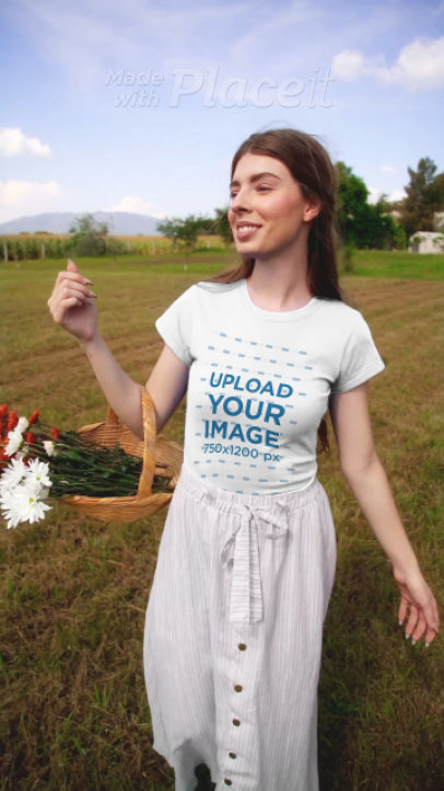 T-Shirt Video Featuring a Woman in a Cottagecore-Inspired Outfit Carrying a Flower Basket 4408v