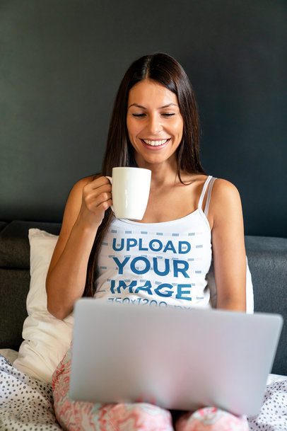 Camisole Tank Top Mockup of a Woman Having Coffee in Bed