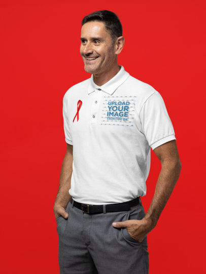 Polo Shirt Mockup of a Smiling Man Wearing a Red Ribbon for AIDS Awareness