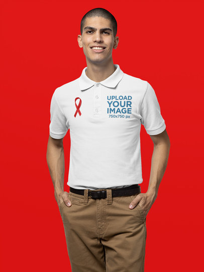 Polo Shirt Mockup Featuring a Young Man and a World AIDS Day Theme