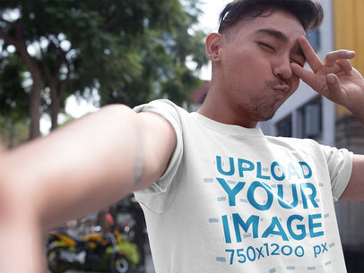 Selfie of an Asian Dude Wearing a Round Neck Tee Template
