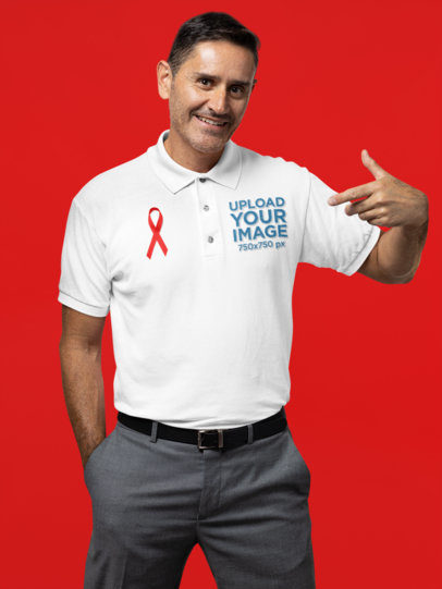 Mockup Featuring a Man With a Cancer Awareness Ribbon Pointing at His Polo Shirt