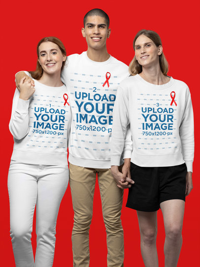 Sweatshirt Mockup Featuring Three Friends Wearing AIDS Awareness Ribbons at a Studio