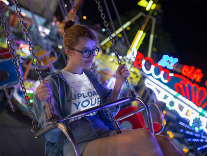 Beautiful Girl Wearing a Tshirt Template Having Fun in a Mechanical Game a17881