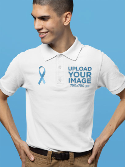 Cancer Awareness Month-Themed Polo Shirt Mockup Featuring a Man Posing in a Studio
