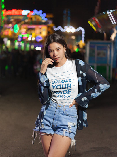 Pretty Young Woman Wearing a Tshirt Template at the Carnival