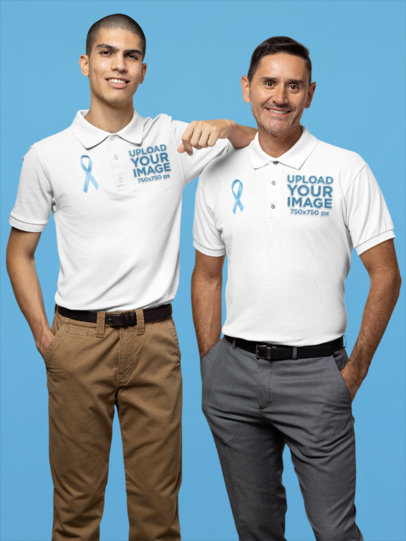 Polo Shirt Mockup Featuring Two Confident Men Wearing Ribbons for Cancer Awareness Month