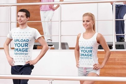T-Shirt and Tank Top Mockup of a Man and a Woman at the Gym
