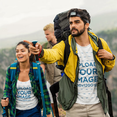 T-Shirt and Tank Top Mockup of a Man Hiking With His Friends