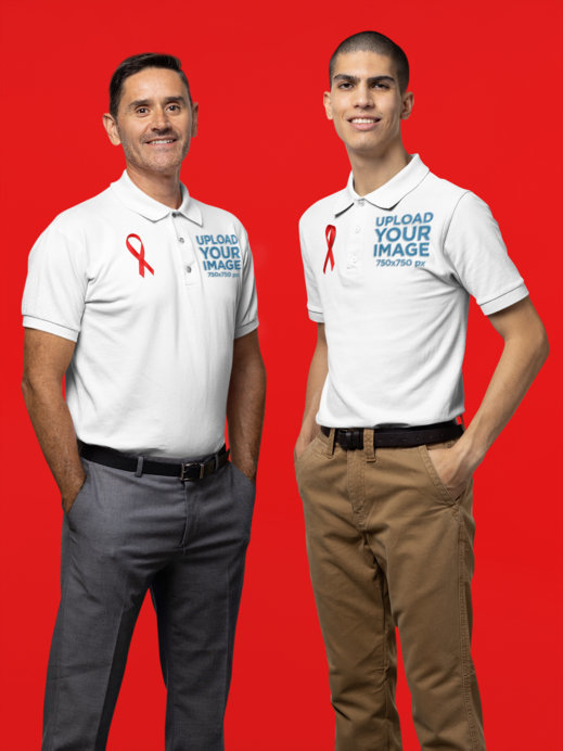Polo Shirt Mockup of Two Men With Cancer Awareness Ribbons Standing Against a Colored Backdrop
