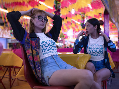 Women Posing Wearing Round Neck Tees Template While at a Party