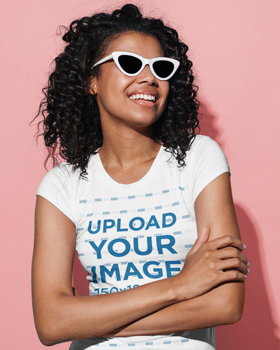T-Shirt Mockup of a Woman With Sunglasses Laughing in a Studio 44469-r-el2