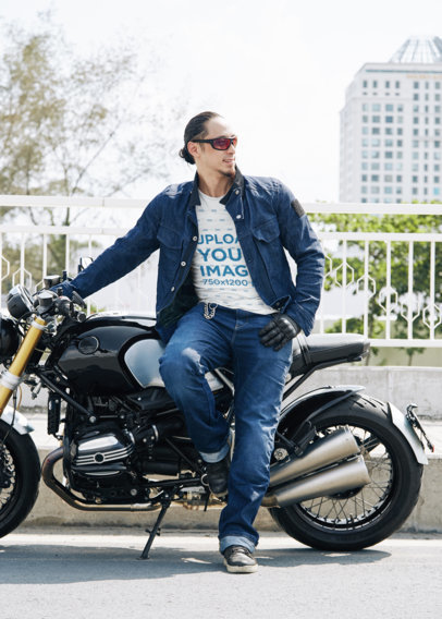 T-Shirt Mockup of a Biker with a Denim Outfit Posing Next to His Motorcycle M11574-r-el2