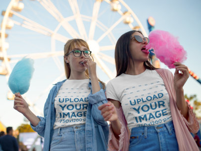 BFFs Wearing T-Shirts Mockup While Eating Cotton Candy