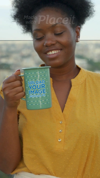 Video of a Happy Woman Drinking from a 15 oz Enamel Mug
