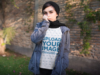 Beautiful Woman Wearing a Crewneck Sweatshirt Template in the Cold at the Park