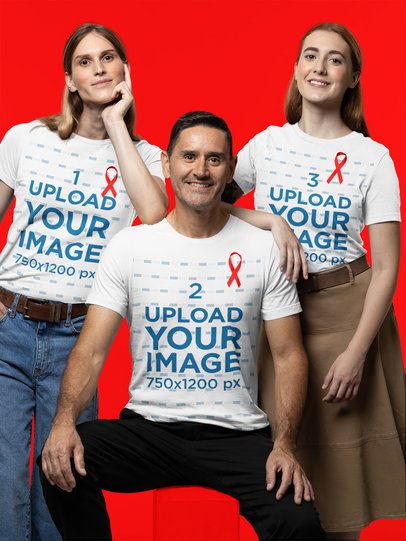 Basic T-Shirt Mockup Featuring Two Women and a Man Wearing Ribbons for Cancer Awareness Month