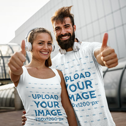 Tank Top and T-Shirt Mockup of a Man and a Woman Giving Thumbs Up