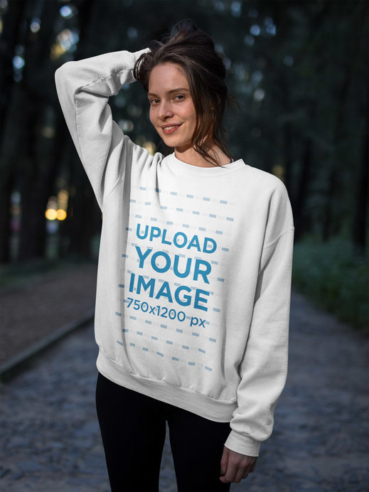 Beautiful Happy Woman Wearing a Crew Neck Sweatshirt Template in the Forest