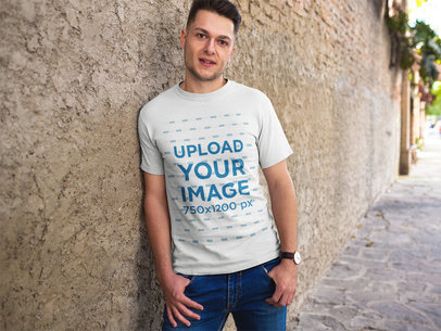 Man Looking to the Camera Wearing a Tshirt Template in the Street