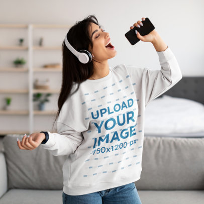 Oversized Sweatshirt Mockup of a Woman with Headphones Singing at Home