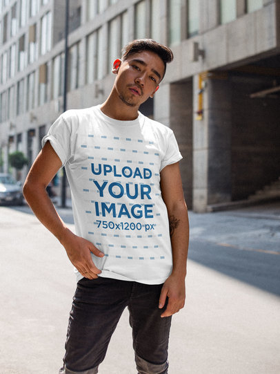 Asian Dude Wearing a Round Neck Loose Tee Template While in the Street