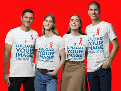 Mockup of a Group of People Wearing T-Shirts and Ribbons for Cancer Awareness Month