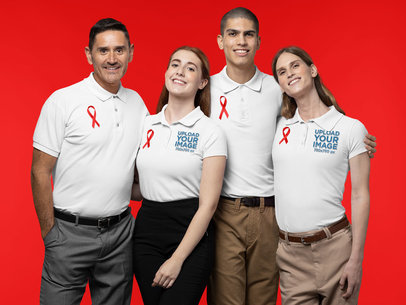 Polo Shirt Mockup of a Group of Friends Showing Support for Cancer Awareness Month