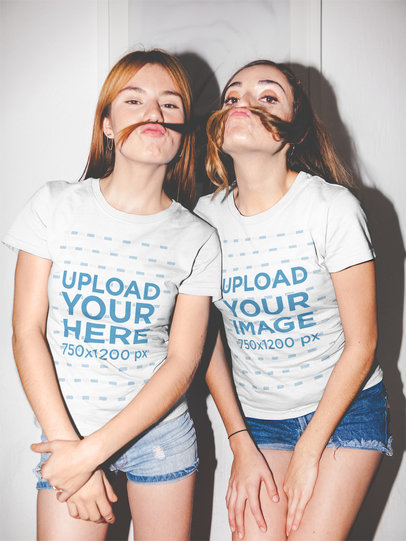 Funny Girls Wearing Tshirts Mockup while Playing with their Hair a17963