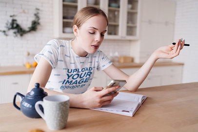 Sublimated T-Shirt Mockup of a Woman Organizing Her Schedule