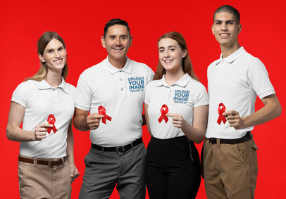 Cancer Awareness Month-Themed Polo Shirt Mockup of a Man and a Woman with a Group