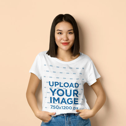 T-Shirt Mockup of a Woman Smiling at a Studio With a Colorful Surface
