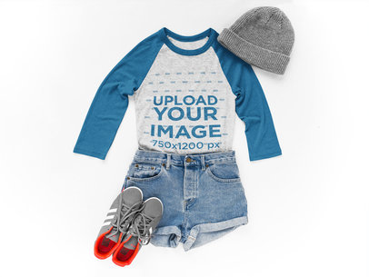 Heathered Raglan Tshirt Mockup Lying Next to Skater Clothes on a White Surface