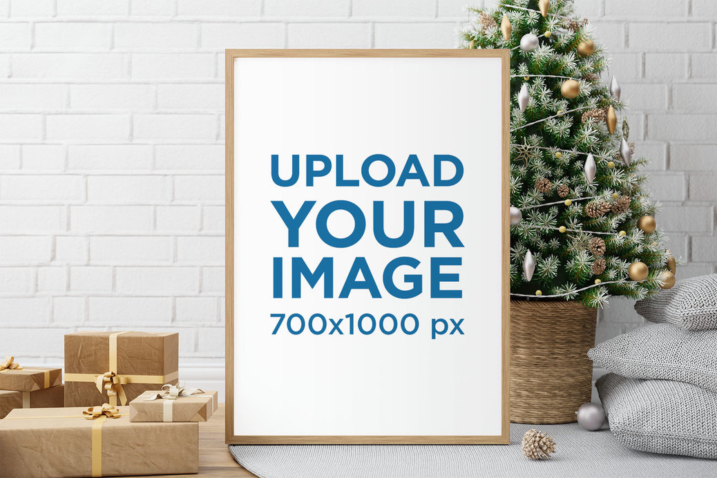 Mockup of a Framed Art Print in a Christmas Decorated Setting 