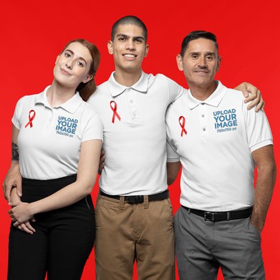 Polo Shirt Mockup Featuring Three Friends Wearing Awareness Ribbons