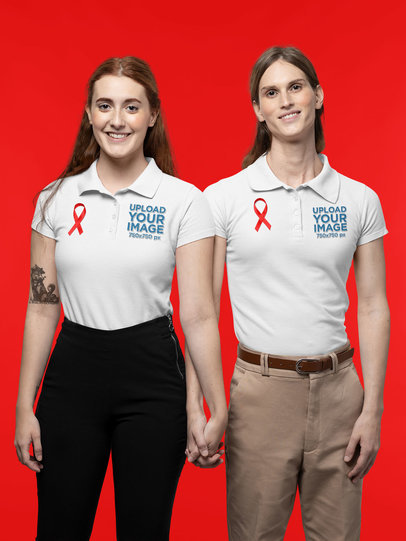 Cancer Awareness-Themed Polo Shirt Mockup of Two Women Holding Hands