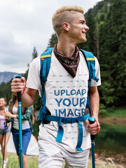 Mockup of a Happy Man Doing Trekking with Friends
