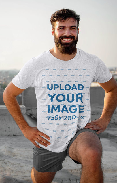 Heather Tee Mockup of a Bearded Man Exercising