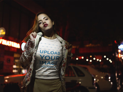 Girl Walking on the Street at Night Wearing a Tshirt Template a18020