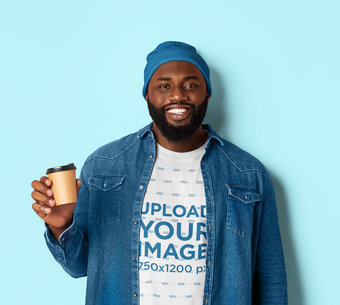 Round-Neck Tee Mockup Featuring a Smiling Man Holding a Disposable Cup m12010-r-el2