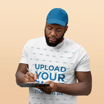 T-Shirt Mockup of a Delivery Man Filling a Report m12081-r-el2