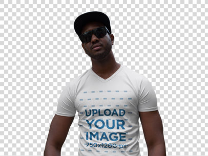 Transparent V-Neck Tee Mockup of a Man Wearing Sunglasses