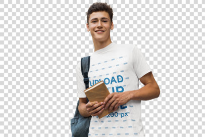 Transparent T-Shirt Mockup of a Young Man Holding a Book