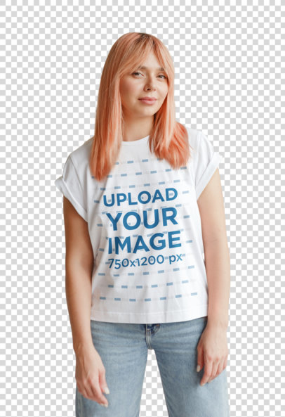 Transparent T-Shirt Mockup of a Pink-Haired Woman Posing in Front of a Wall 41939-r-el2